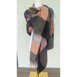 Soft Oversized Plaid Blanket Scarf Wrap Shawl Pink Blue Fringe